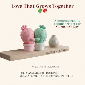 May include: A pink and green cactus couple figurine hugging each other, in small pots, with a small vase on a wooden shelf. Text reads "Love That Grows Together" and "Digital STL Files". Includes 2 versions: fully assembled figurine and separate pieces.