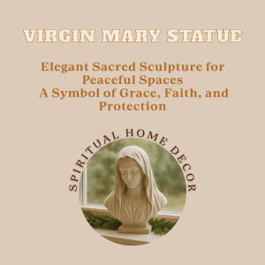 Puede incluir: Busto de estatua de la Virgen María beige con un velo drapeado. El texto dice "VIRGIN MARY STATUE" y "Spiritual Home Decor". La imagen está sobre un fondo neutro.