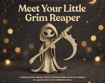 May include: A beige figurine of a hooded skeleton holding an oversized scythe. The text reads: STL File • Halloween Decor • Spooky Figurine, Meet Your Little Grim Reaper, A playful hooded skeleton with an oversized scythe, Ready to bring some spooky fun home.