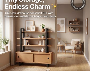 Dollhouse Bookshelf with sliding Drawers STL File | 3D Printed Miniature Furniture | 1:12 Scale Dollhouses Accessories