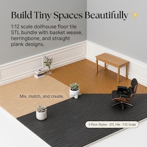 May include: A miniature dollhouse floor tile set with basket weave, herringbone, and straight plank designs. The image shows three different floor styles in tan, brown, and black. The text reads "Build Tiny Spaces Beautifully" and "Mix, match, and create."