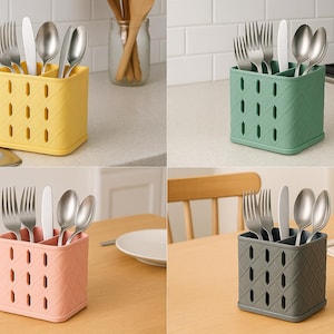 Può includere: Quattro portaposate colorati, giallo, verde, rosa e grigio. Ogni contenitore contiene forchette, coltelli e cucchiai. I portaposate hanno un motivo a rombi e una forma rettangolare.