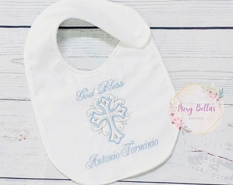 God Bless baptism bib, Dedication day Bib, Christening white Bib, Embroidered Cross, Cross, Monogram Bib, Personalized name date, keepsake