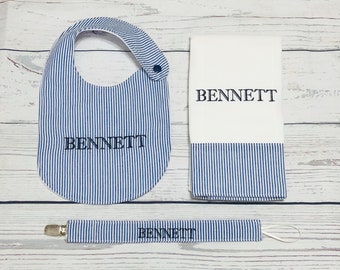 Monogrammed Seersucker Baby Bib and Burp Cloth Gift Set