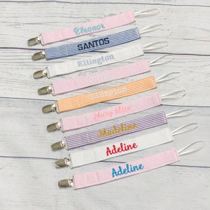 Pacifier clip holder, custom paci clip, seersucker southern baby gift, soother clip personalized, embroidered,baby shower,mix match colors