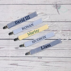 Blue Seersucker Pacifier holder-soothie paci-binky clip holder-embroidered baby gift-baby gift boy girl-monogrammed personalized name-clip