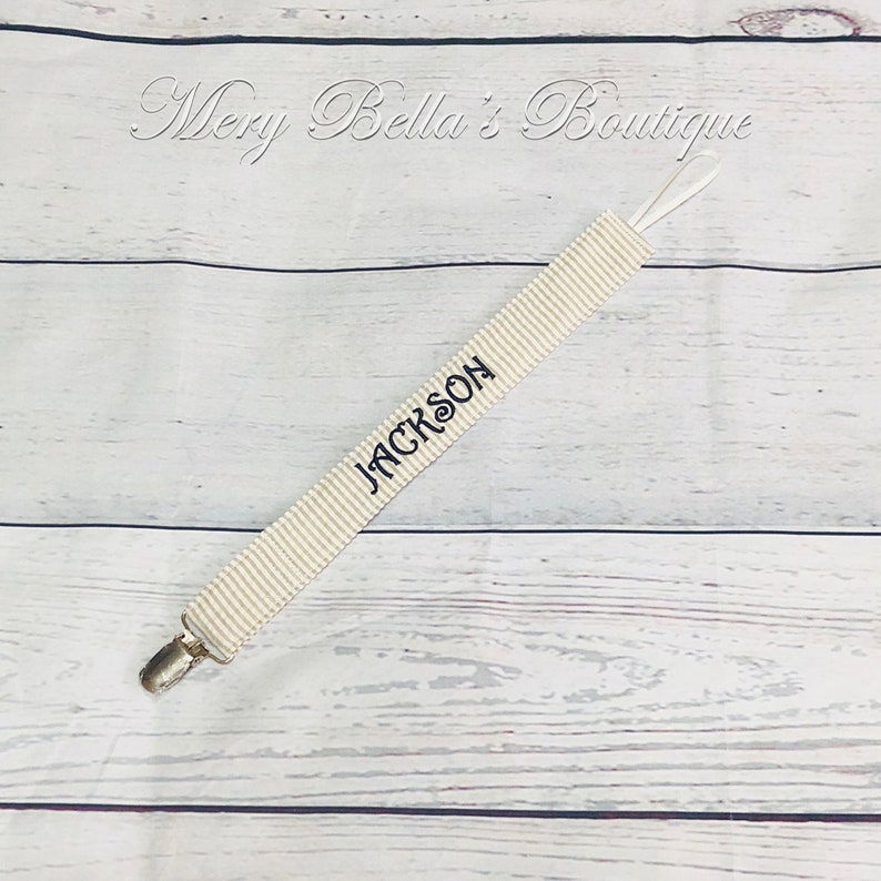 Seersucker Pacifier holder soothie paci binky clip holder embroidered baby gift girl boy personalized embroidered free shipping