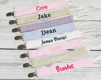 Seersucker Pacifier holder-soothie paci-binky clip holder-embroidered baby gift-baby gift boy girl-monogrammed-personalized name embroidered