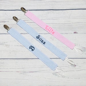 Blue Seersucker Pacifier holder-soothie paci-binky clip holder-embroidered baby gift-baby gift boy girl-monogrammed personalized name-clip
