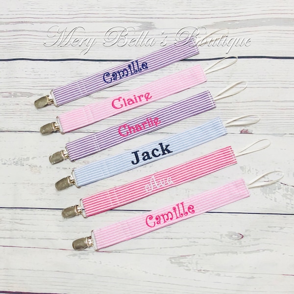 Seersucker Pacifier holder soothie paci binky clip holder embroidered baby gift girl boy, personalized, embroidered, free shipping