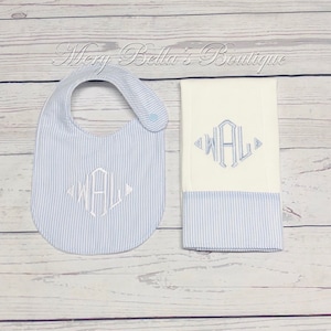 Monogram Seersucker Baby Bib Gift Set, Handmade Burp Cloth