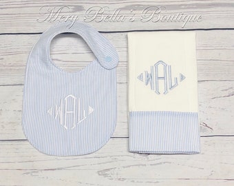 Monogram Seersucker Baby Bib Gift Set, Handmade Burp Cloth