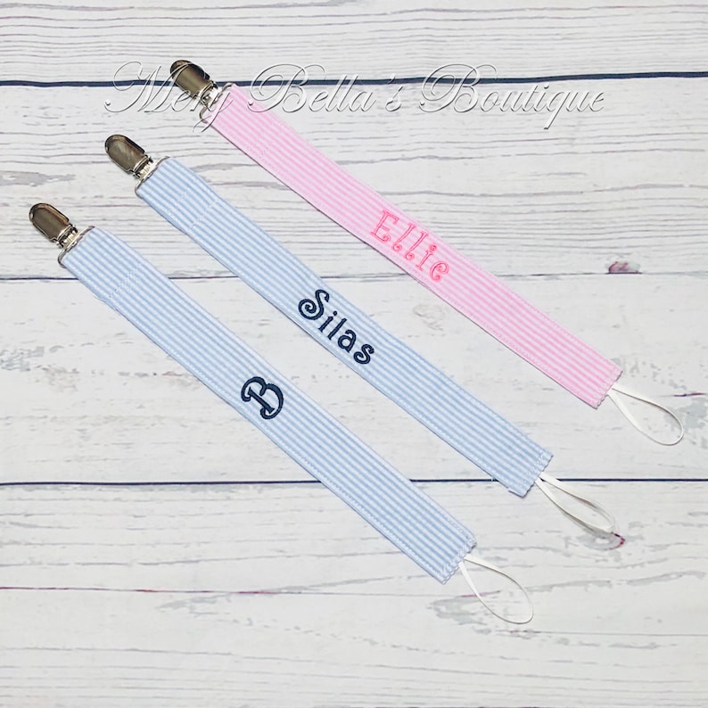 Seersucker Pacifier holder soothie paci binky clip holder embroidered baby gift girl boy personalized embroidered free shipping