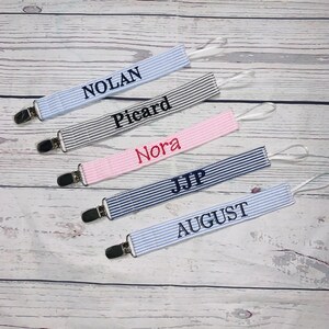 Personalized name Pacifier holder-soothie paci-binky clip holder-embroidered baby gift-baby gift boy girl-monogrammed, seersucker