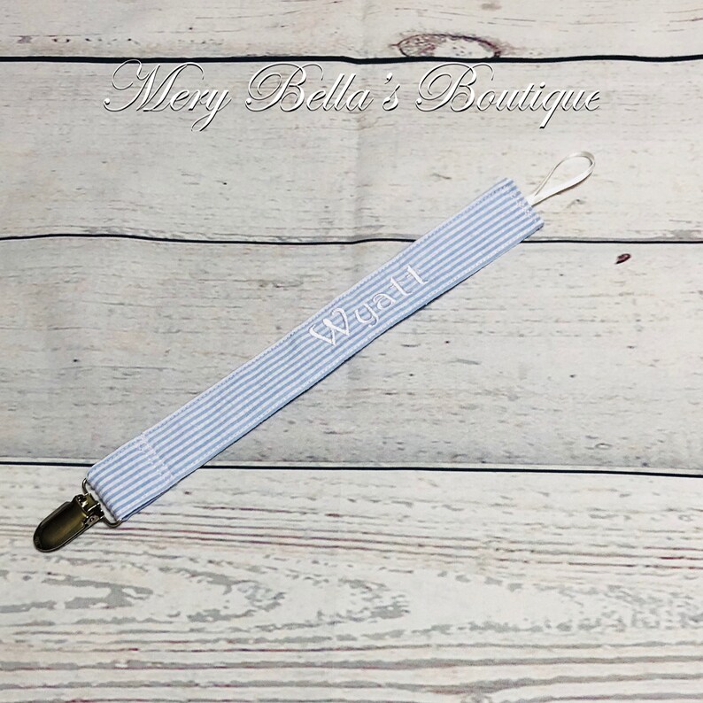Seersucker Pacifier holder soothie paci binky clip holder embroidered baby gift girl boy personalized embroidered free shipping