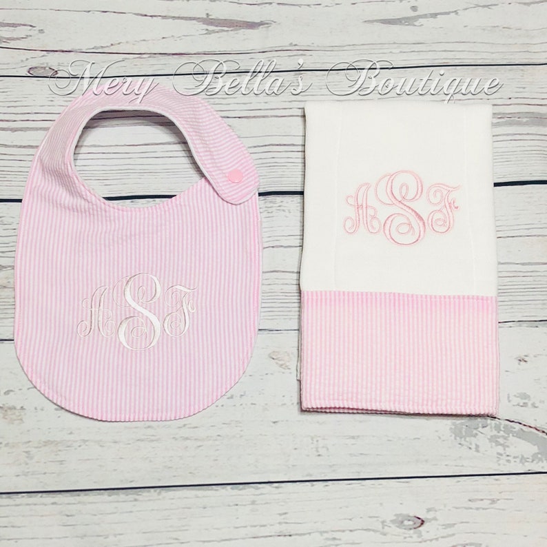 Seersucker Bib Baby Gift Set Personalized Bib Baby Girl Boy Etsy
