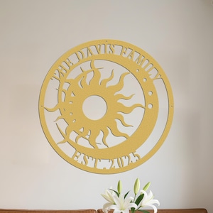 Custom Boho Sun Moon Wall Art – Vintage Gold Metal Hanging Decor - Personalized Family Name Sign for Bedroom, Patio, Retro Office Aesthetic