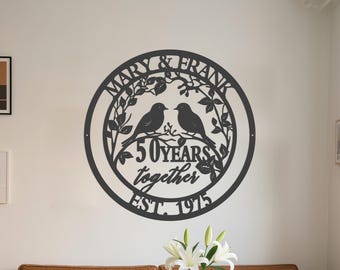 Custom 50 Years Together Sign - Personalized 50th Anniversary Metal Wall Art - 10/20/25 Wedding Anniversary Gift - Lovebirds Gift for Couple