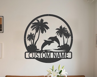 Custom Couples Name Tropical Decor Sign - Personalized Dolphin & Palm Metal Wall Art - Romantic Beach Decor - Ocean Lovers Metal Wall Decor