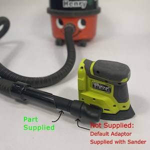May include: An orange vacuum cleaner with a black hose connected to a green and black sander. The image text reads "Part Supplied" and "Not Supplied: Default Adaptor Supplied with Sander."