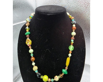 Chico's Mixed Materials Beaded Necklace Women One Size Chunky Art Glass Stone Bo