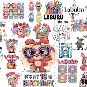 Labubu PNG-clipartbundel | Schattige konijntjes – verjaardag, boba-thee, donuts, boeken Meer | Digitale stickers voor knutselwerkjes