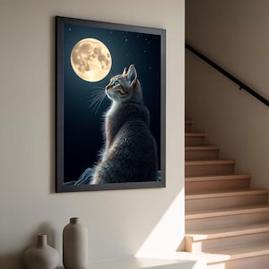 Cat Moon Wall Art Print – Mystical Night Sky Poster with Feline Gaze at Full Moon, Enchanting Modern Home Decor for Cat Lovers.
