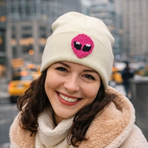 Alien Punch Needle Knit Beanie, Handmade Patch Winter Street Style Accessory