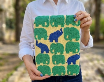 Elephant Punch Needle iPad Cover , Handmade Tufted Tablet Sleeve, Green Boho Case