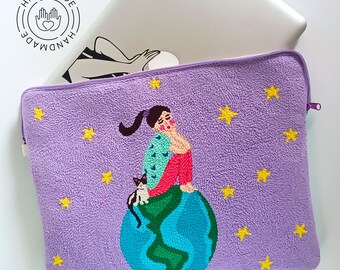 Handmade Punch Needle Laptop Sleeve: Linen Girl & Cat Illustration