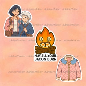 May include: A collection of stickers featuring characters and imagery from an animated film. The stickers include two characters, a fire with fried eggs, and a pink quilted jacket. The text "MAY ALL YOUR BACON BURN" is also included.