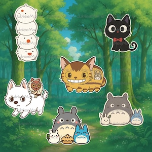 May include: A collection of cartoon stickers featuring characters from animated films. The stickers include a stack of white creatures, a black cat with a bow tie, a white wolf with a character on its back, and several other characters.