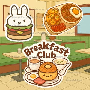 May include: A collection of cartoon-style stickers featuring breakfast foods and a bunny-shaped burger. One sticker says "Breakfast Club" in brown letters. Other stickers include a plate of food with an egg, sausage, and potatoes.