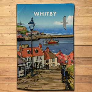 Whitby Tea Towel – 199 Steps Harbour View | Yorkshire Seaside Kitchen Decor | Coastal Gift Idea