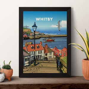 Portrait Framed Art Print Whitby Harbour and Steps –  Framed Travel Print | Coastal Wall Art | Seaside Illustration