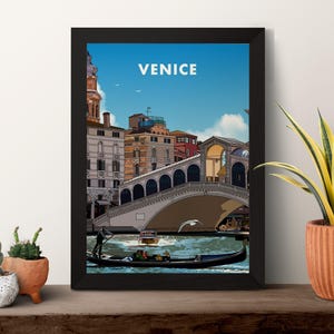 Venice Ponte di Rialto Framed Wall Art – Italian Travel Poster Print, Romantic Venice Picture for Home Decor, Vintage-Style Italy Gift