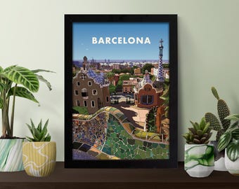 Pôster do Parque Güell em Barcelona – Ilustração de Gaudí, Impressão de Viagem à Espanha