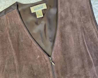 Chaleco vintage XL de cuero para mujer, color marrón, ante, con cremallera frontal y forro, estilo bohemio western.