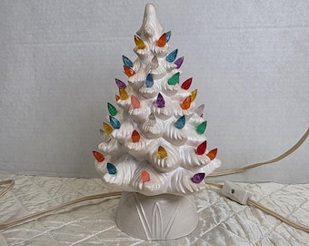 Vintage MCM White Ceramic 9" Christmas Tree With Multi Colored Lights