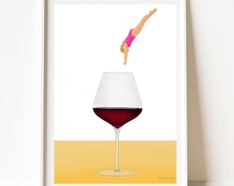 Wine O'Clock Art Print: Diving Woman, Red Wine (Digital Download)