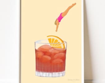 Negroni Cocktail Print: Woman Diving, Bar Art (Digital Download)