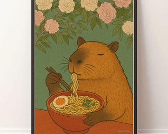 Capybara Wall Art, Capybara Print, Digital download, Japanese Aesthetic Animal Wall Art | Cute Capybara Kitchen or Dining Room Decor