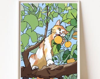 Cat Eating Orange Art Print: Playful Contemporary Wall Decor (Digital Download)