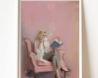 Quiet Indulgence, Woman drinking coffee art print, oil painting, wall art, digital download