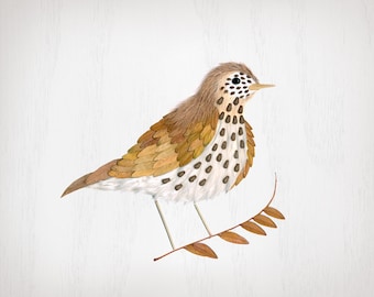 pressed leaf wood thrush print