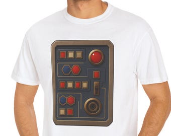 Science Fiction Spaceship Control Panel T-Shirt Featuring Engineering Greebles Like Those Found in Popular Movies and Video Games