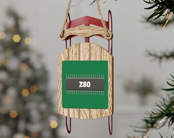 Retro Computing Sled Ornament Featuring a 40-Pin Z80 CPU Integrated Circuit Celebrating Vintage Electronics and Computers from the 1980s
