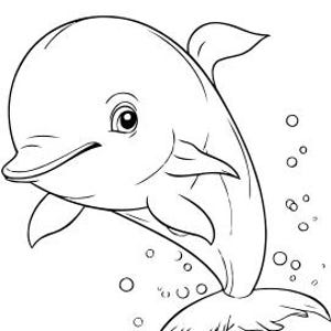 May include: A black and white line drawing of a dolphin jumping out of the water with bubbles around it.