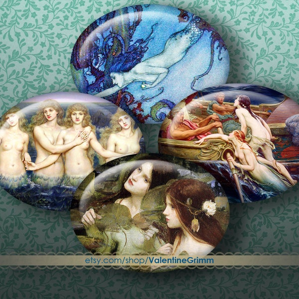 VINTAGE MERMAIDS 40x30 mm Horizontal Ovals...High-quality, ready to use images