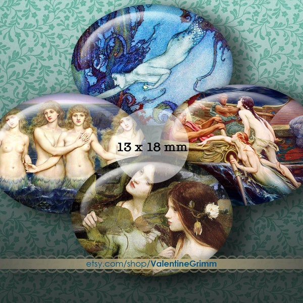 VINTAGE MERMAIDS 13x18 mm Horizontal Ovals ...High-quality, ready to print images